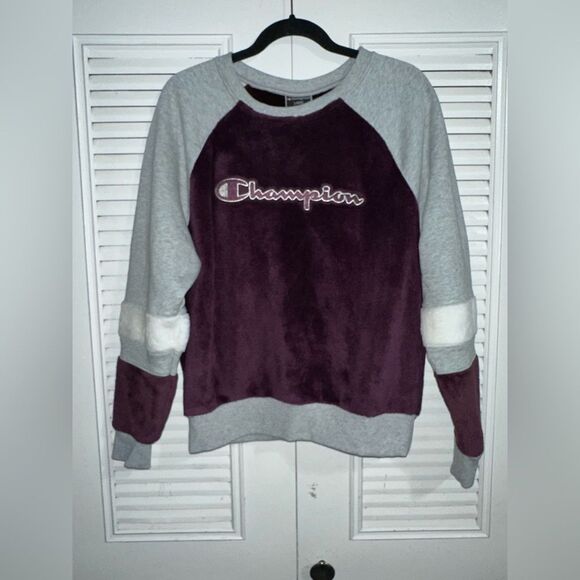 Champion Women's Super Fleece Faux Fur Piecing Crew‎ Sweatshirt Women's Size L - Picture 3 of 8